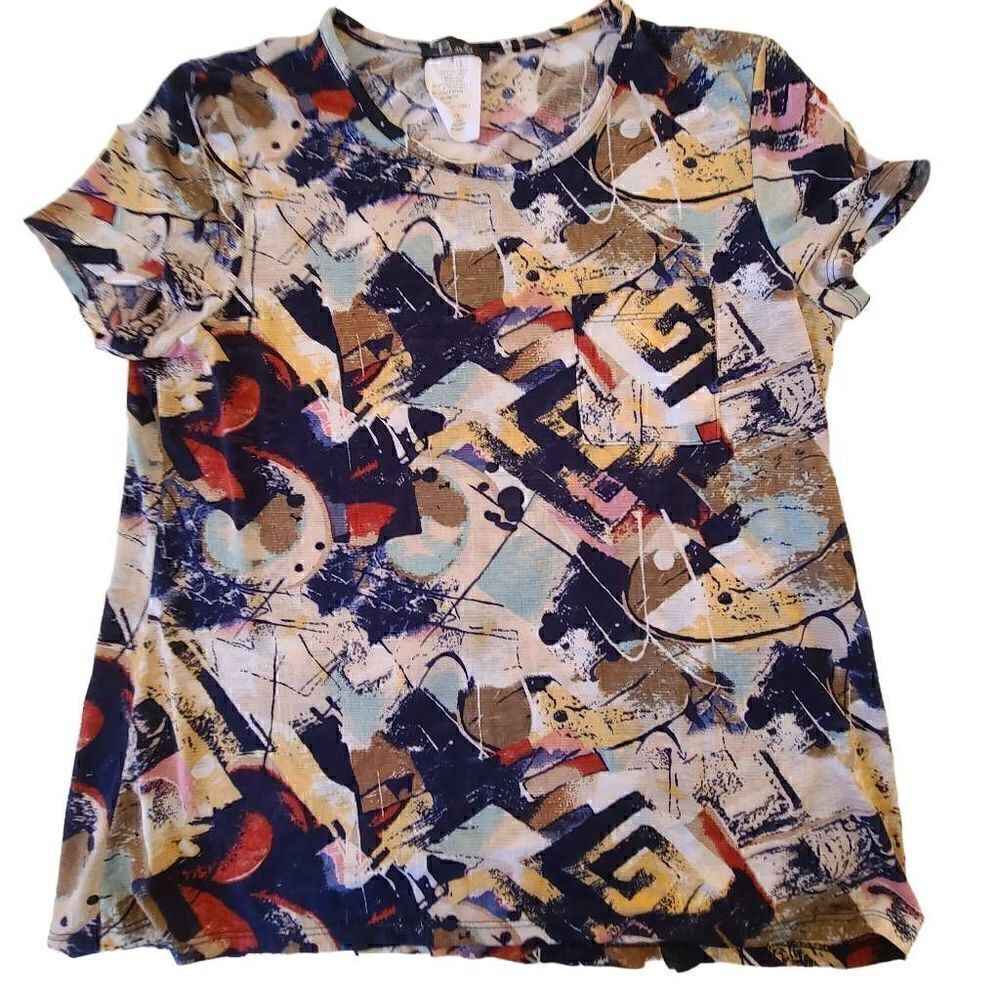 Bali Corp Womens Navy Blue Print Lightweight Short Sleeve T Shirt Small